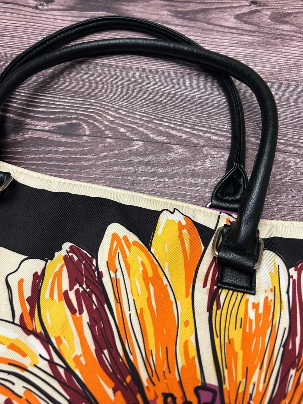 Source Unknown Black and Cream Striped Tote with Orange Floral Accent